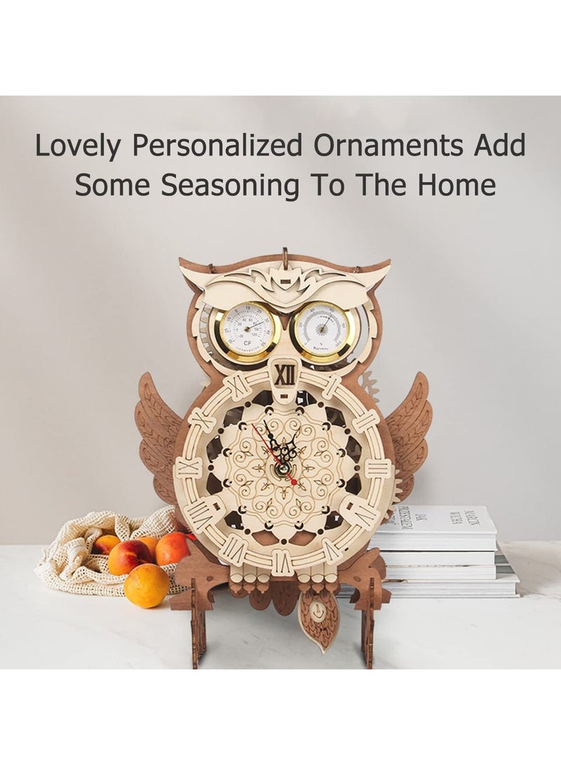 3D Wooden Owl Clock Wall Decor,Hand-Assembled Owl Clock Model with Timing Temperature Humidity Display Function Owl Clock Mechanical Puzzle for Home Office Decoration - Image 3